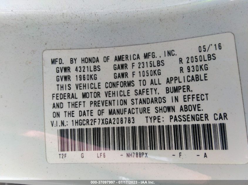 2016 HONDA ACCORD SEDAN EX - 1HGCR2F7XGA208783