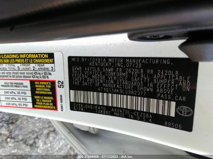 2020 TOYOTA CAMRY SE - 4T1G11AK9LU982377