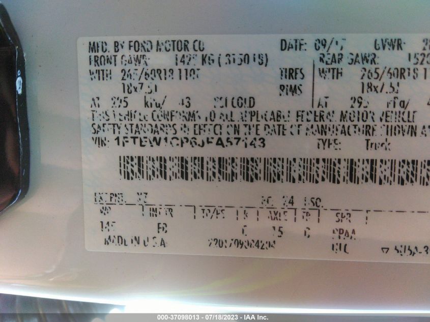 2018 FORD F-150 XL/XLT/LARIAT - 1FTEW1CP6JFA57143