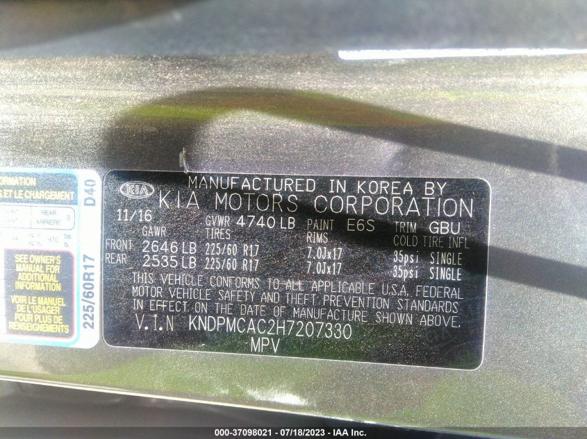 2017 KIA SPORTAGE LX - KNDPMCAC2H7207330