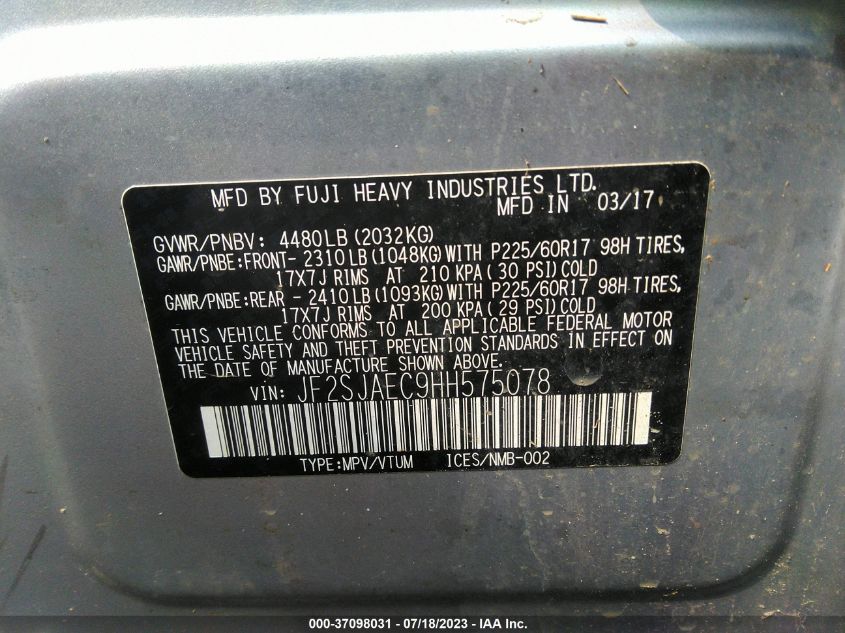 2017 SUBARU FORESTER 2.5I PREMIUM - JF2SJAEC9HH575078