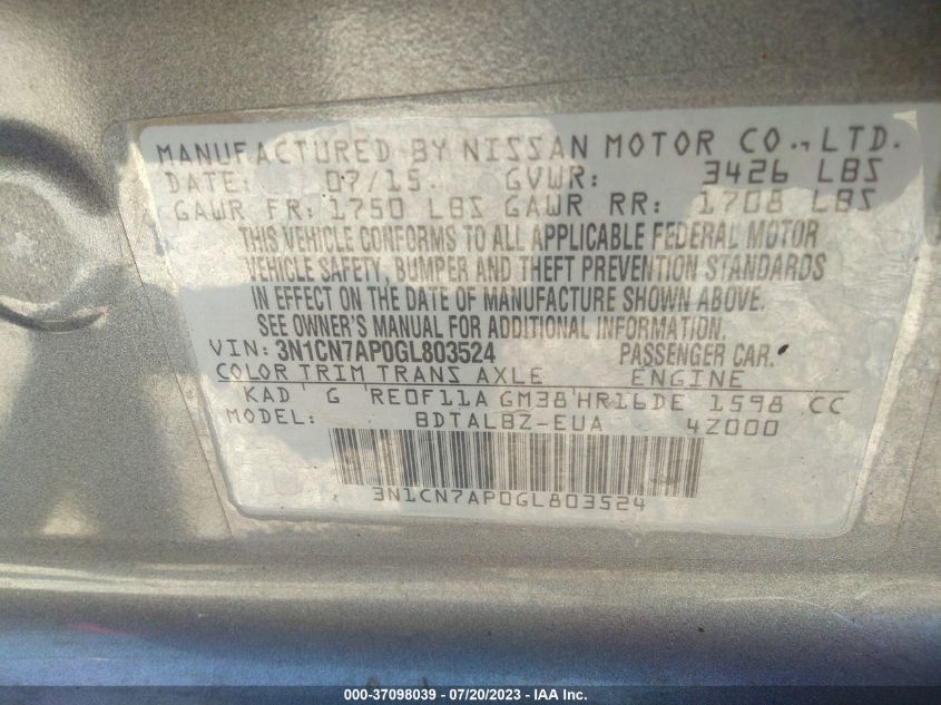 2016 NISSAN VERSA SV - 3N1CN7AP0GL803524