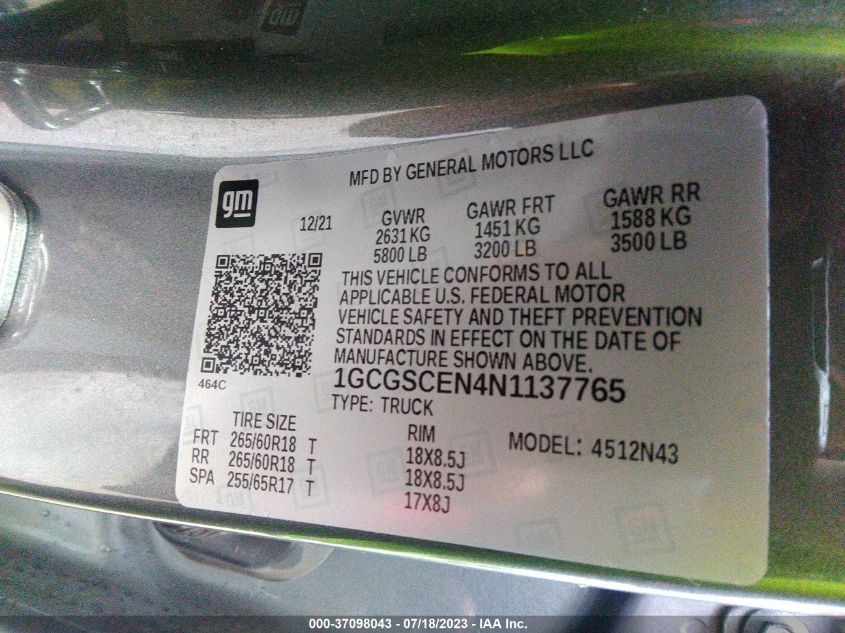 2022 CHEVROLET COLORADO 2WD LT - 1GCGSCEN4N1137765