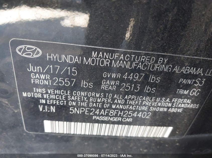 2015 HYUNDAI SONATA 2.4L SE - 5NPE24AF8FH254402