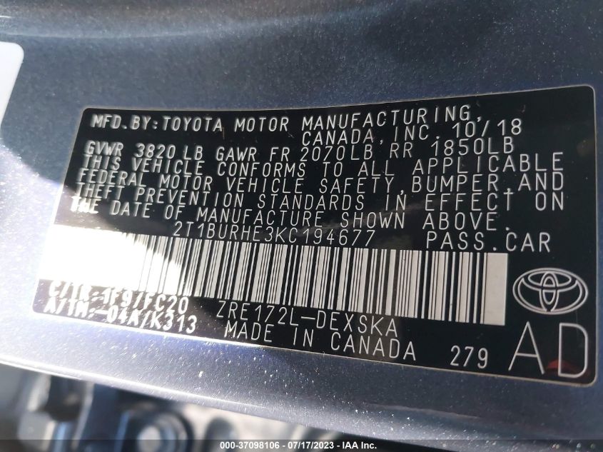 2019 TOYOTA COROLLA L/LE/SE/XLE/XSE - 2T1BURHE3KC194677