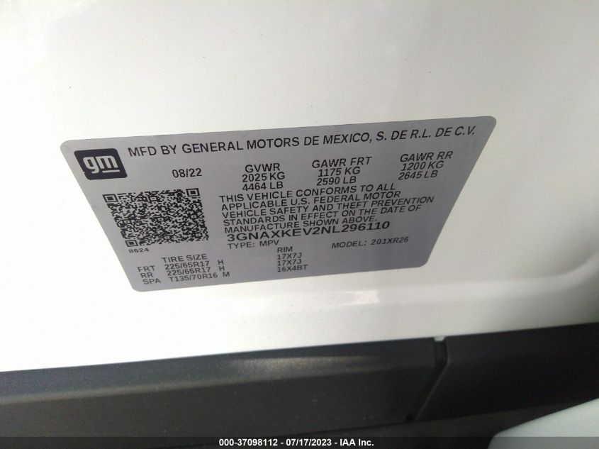 2022 CHEVROLET EQUINOX LT - 3GNAXKEV2NL296110
