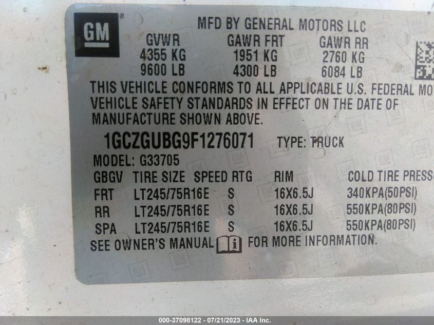2015 CHEVROLET EXPRESS CARGO VAN - 1GCZGUBG9F1276071