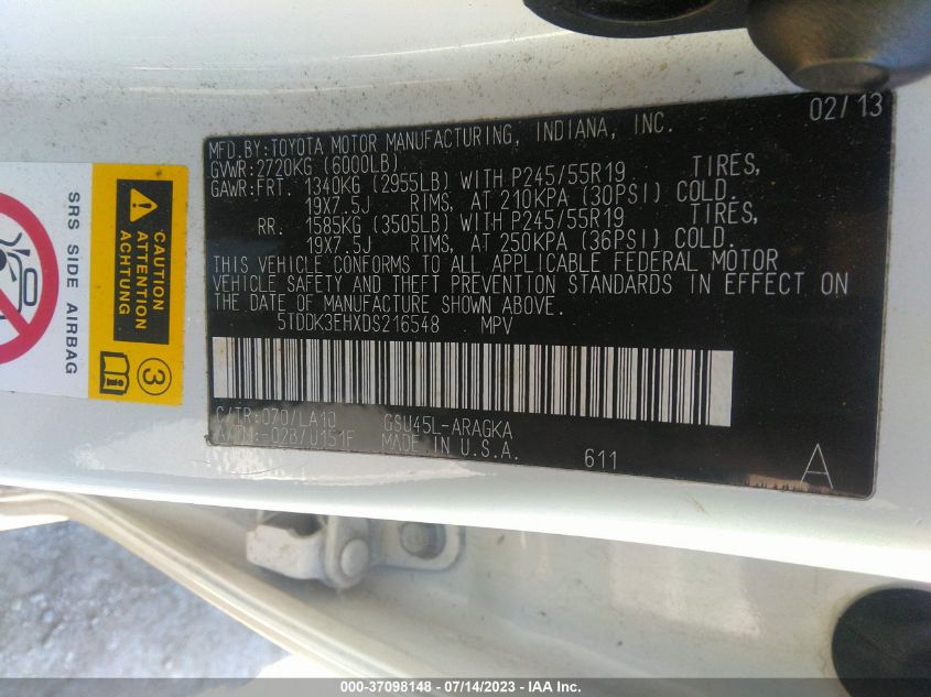 2013 TOYOTA HIGHLANDER LIMITED - 5TDDK3EHXDS216548