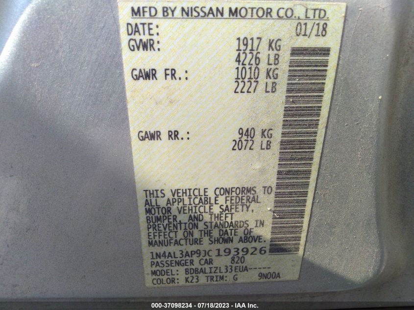 2018 NISSAN ALTIMA 2.5/S/SV/SL/SR - 1N4AL3AP9JC193926