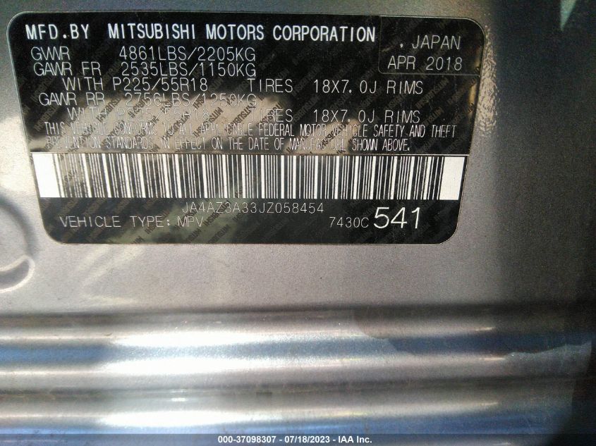 2018 MITSUBISHI OUTLANDER ES/SE/SEL/LE - JA4AZ3A33JZ058454