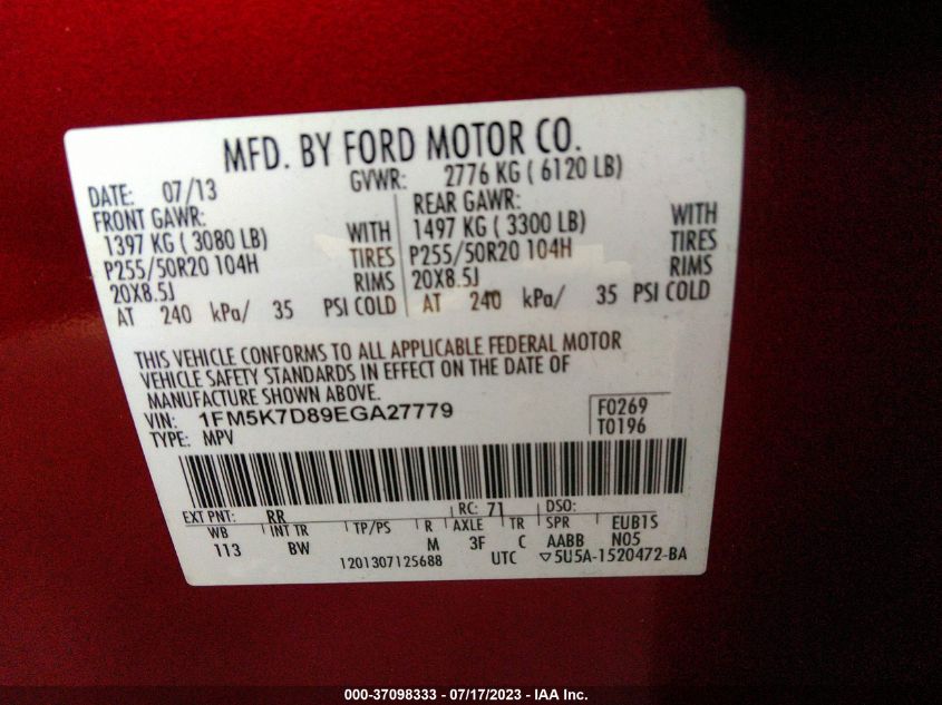 2014 FORD EXPLORER XLT - 1FM5K7D89EGA27779