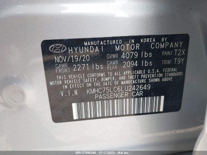 2020 HYUNDAI IONIQ HYBRID SE - KMHC75LC6LU242649