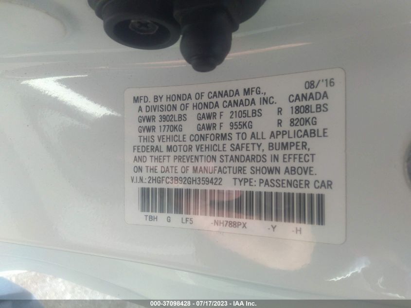 2016 HONDA CIVIC COUPE TOURING - 2HGFC3B92GH359422