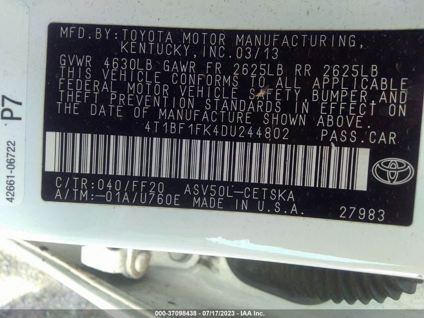 2013 TOYOTA CAMRY L/LE/SE/XLE - 4T1BF1FK4DU244802