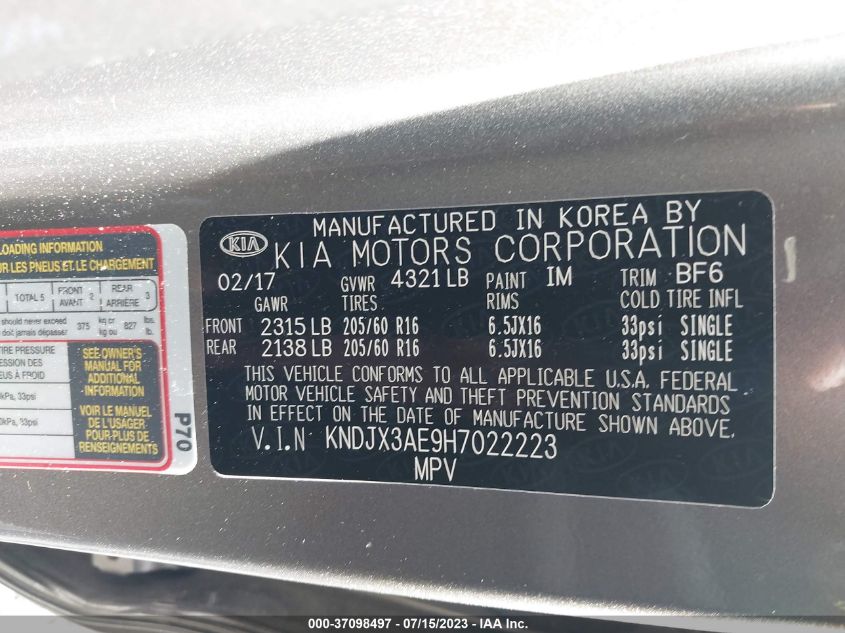 2017 KIA SOUL EV EV+ KNDJX3AE9H7022223