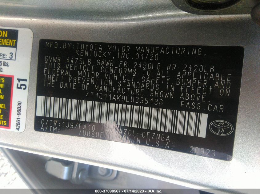 2020 TOYOTA CAMRY LE - 4T1C11AK9LU335136