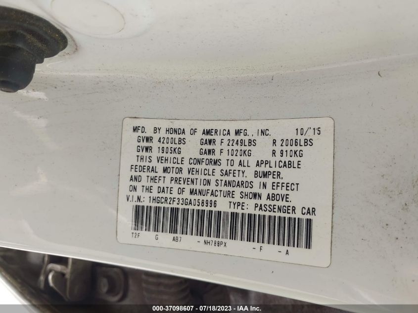2016 HONDA ACCORD SEDAN LX - 1HGCR2F33GA058996