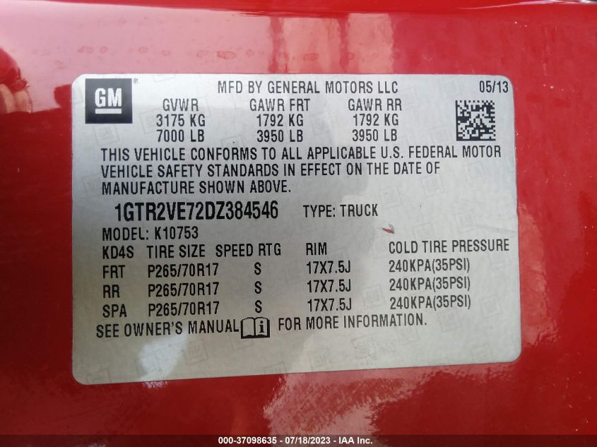 2013 GMC SIERRA 1500 SLE - 1GTR2VE72DZ384546