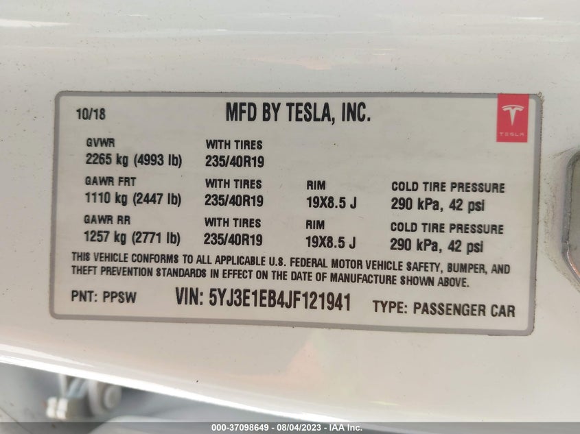VIN 5YJ3E1EB4JF121941 2018 TESLA MODEL 3 LONG RANGE