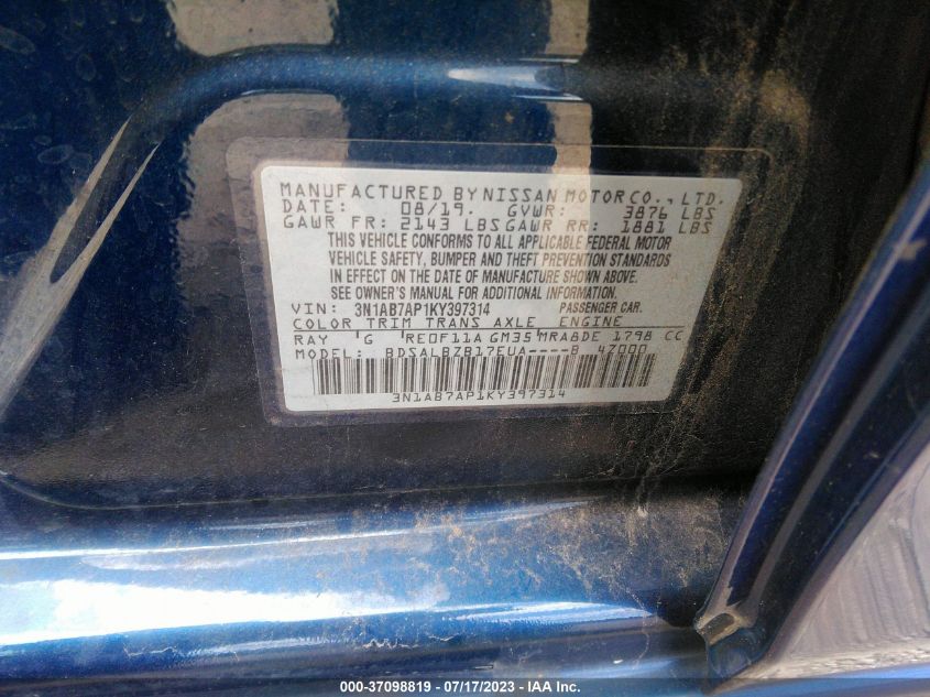 2019 NISSAN SENTRA S - 3N1AB7AP1KY397314