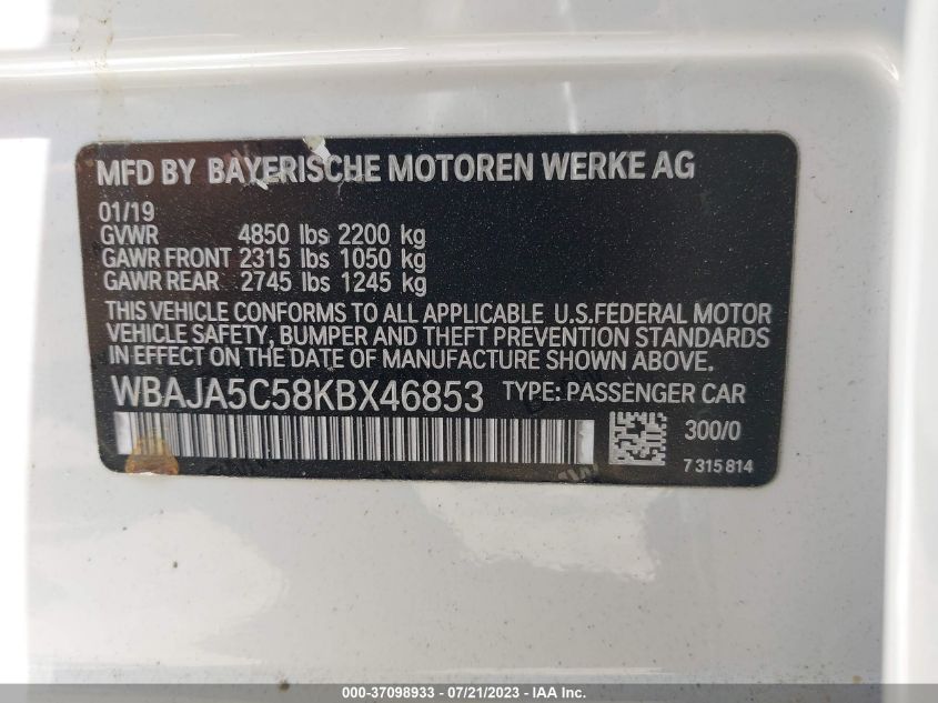 2019 BMW 5 SERIES 530I - WBAJA5C58KBX46853