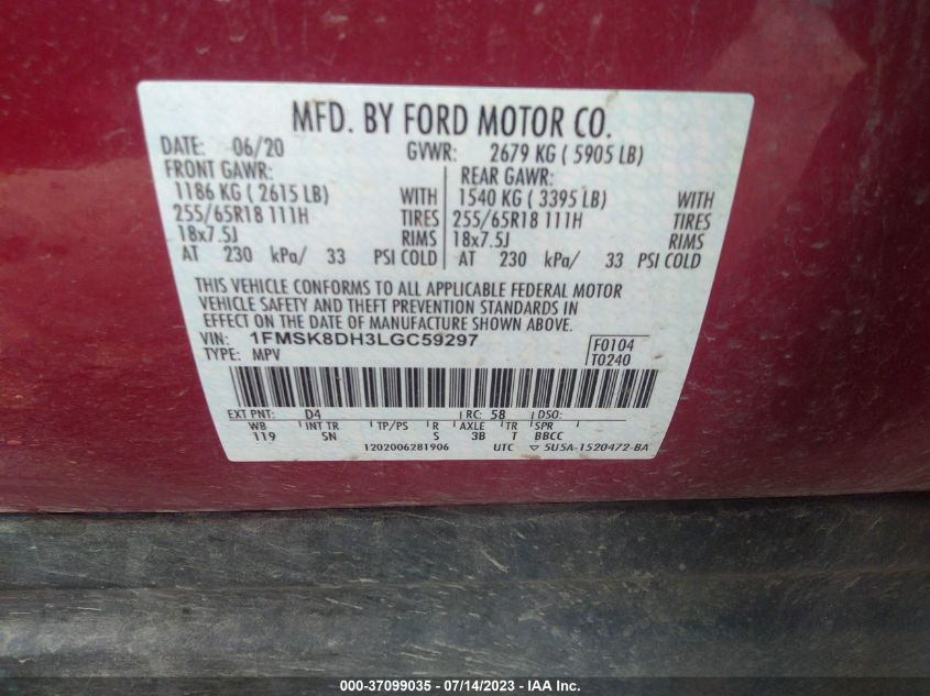 2020 FORD EXPLORER XLT - 1FMSK8DH3LGC59297