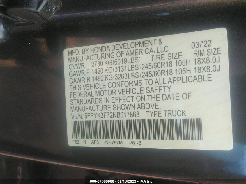 2022 HONDA RIDGELINE RTL - 5FPYK3F72NB017868