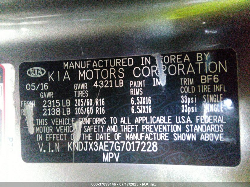 2016 KIA SOUL EV + KNDJX3AE7G7017228