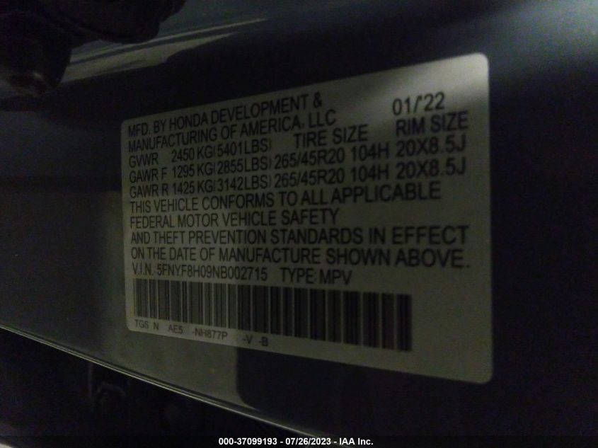 2022 HONDA PASSPORT ELITE - 5FNYF8H09NB002715