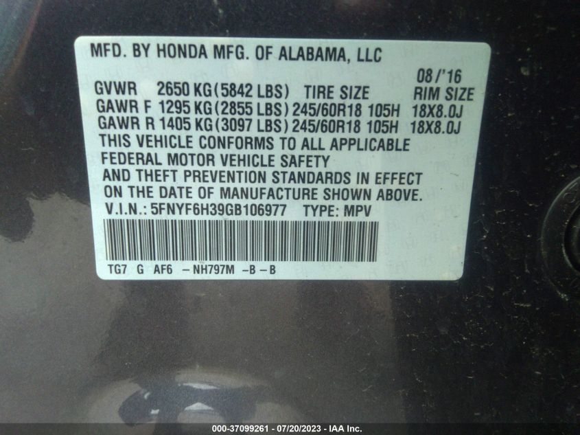 2016 HONDA PILOT EX - 5FNYF6H39GB106977