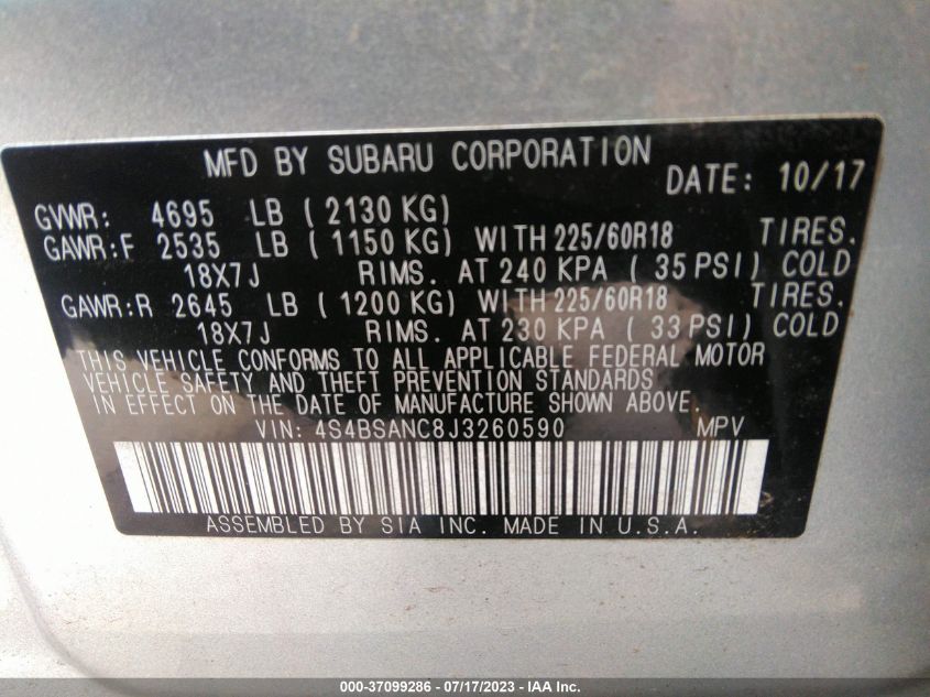 2018 SUBARU OUTBACK LIMITED - 4S4BSANC8J3260590