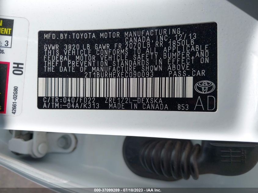 2014 TOYOTA COROLLA L/LE/S/S PLUS/LE PLUS - 2T1BURHEXEC090093