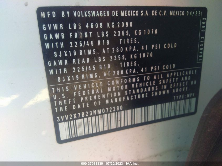 VIN 3VV2X7B23NM072280 2022 VOLKSWAGEN TAOS no.9