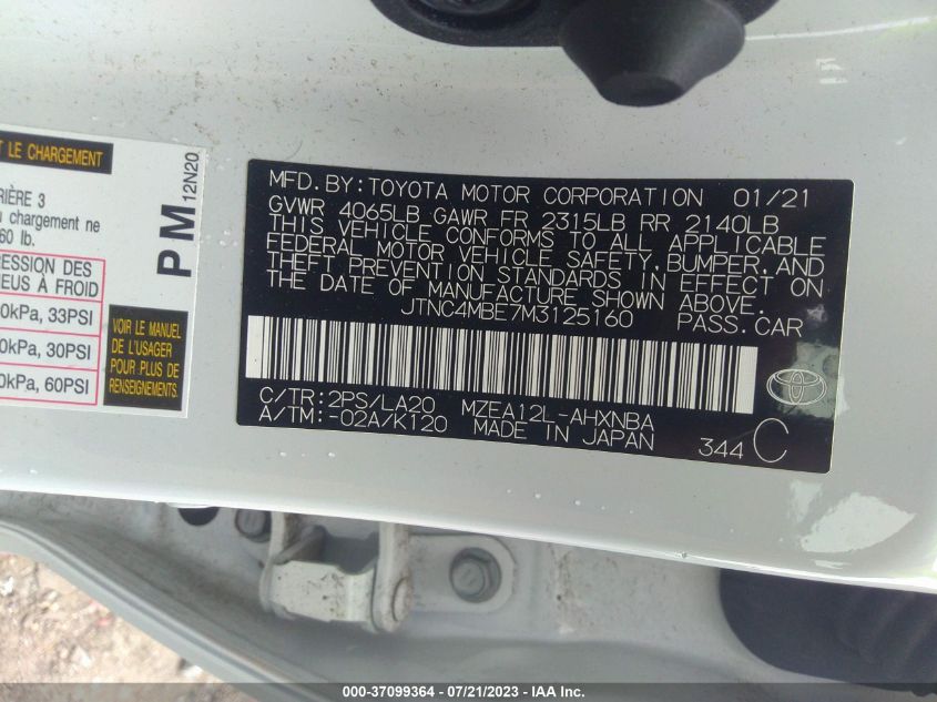 2021 TOYOTA COROLLA HATCHBACK XSE JTNC4MBE7M3125160