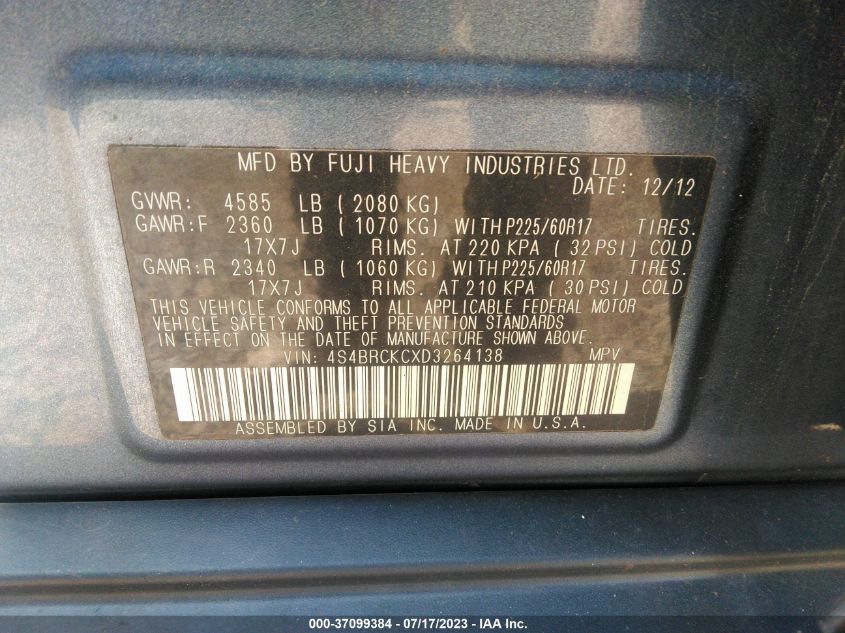2013 SUBARU OUTBACK 2.5I LIMITED - 4S4BRCKCXD3264138