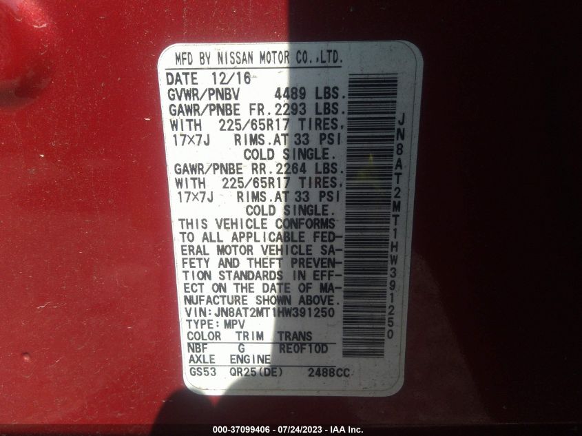 2017 NISSAN ROGUE SV - JN8AT2MT1HW391250