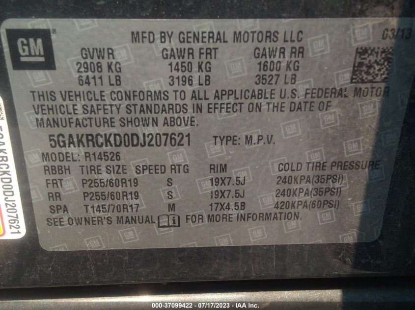 2013 BUICK ENCLAVE LEATHER - 5GAKRCKD0DJ207621