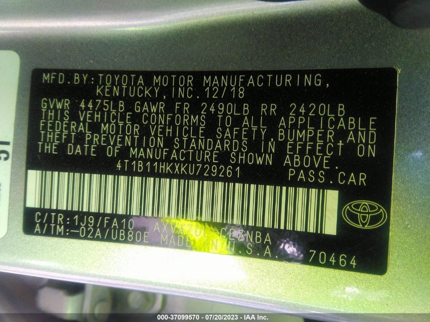 2019 TOYOTA CAMRY LE/SE/XLE/L - 4T1B11HKXKU729261