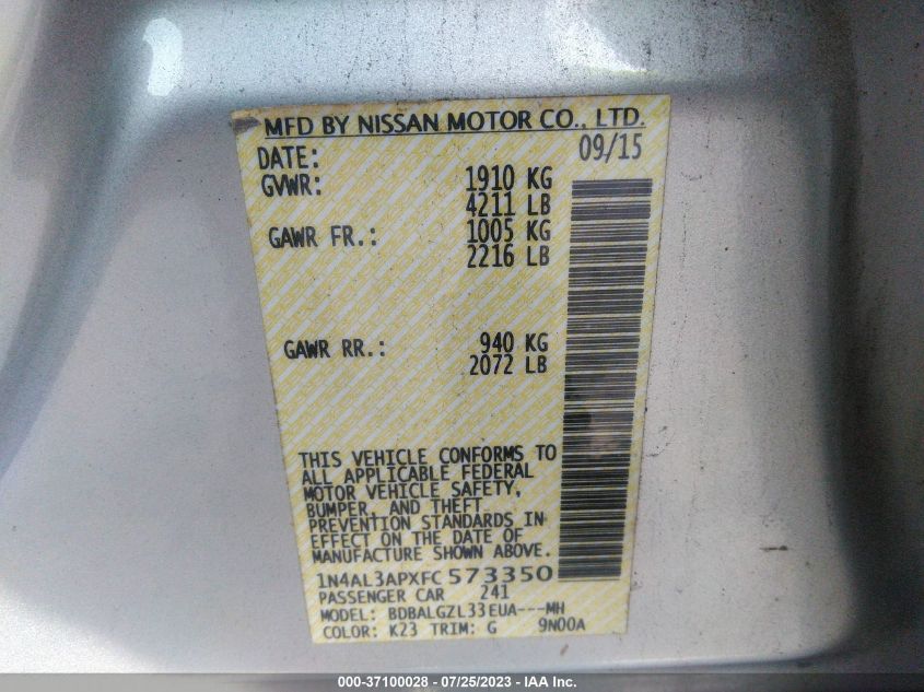 2015 NISSAN ALTIMA 2.5 S - 1N4AL3APXFC573350