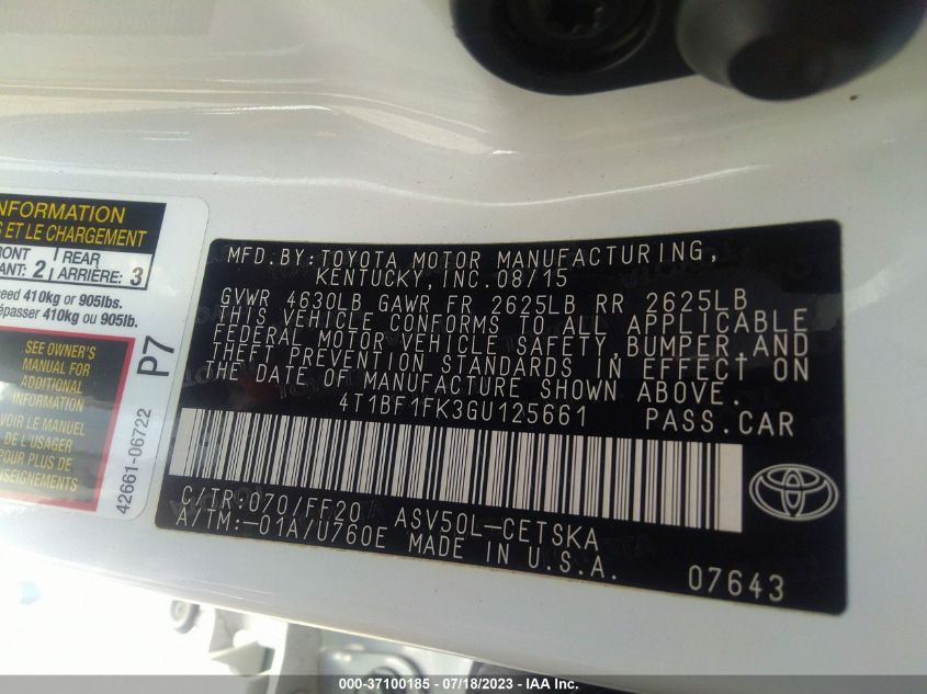 2016 TOYOTA CAMRY LE/XLE/SE/XSE - 4T1BF1FK3GU125661