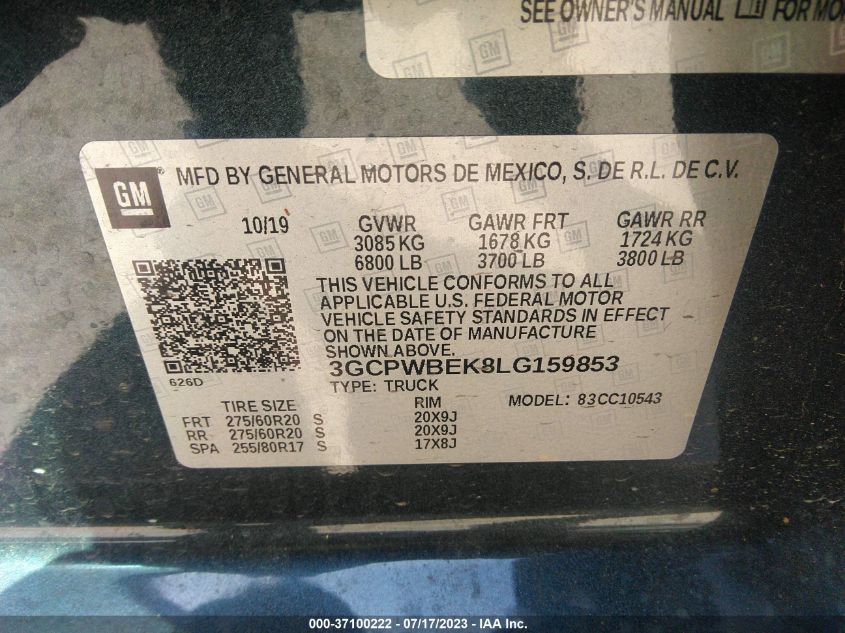 2020 CHEVROLET SILVERADO 1500 CUSTOM - 3GCPWBEK8LG159853