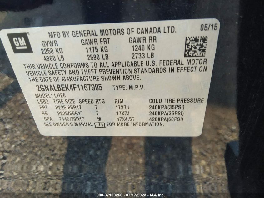 2015 CHEVROLET EQUINOX LT - 2GNALBEK4F1167905