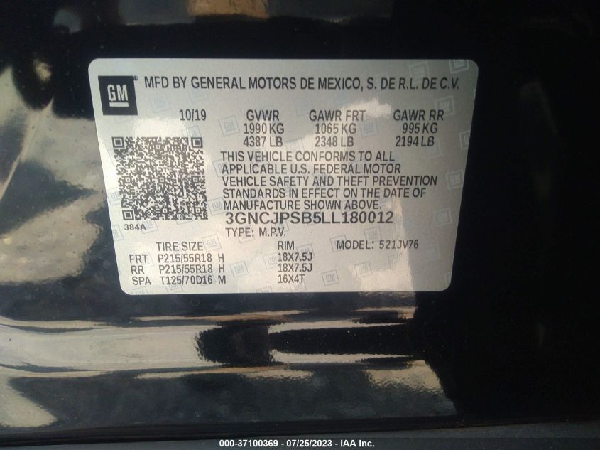 2020 CHEVROLET TRAX LT - 3GNCJPSB5LL180012