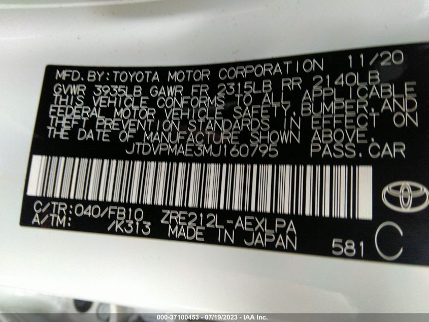 2021 TOYOTA COROLLA LE - JTDVPMAE3MJ160795