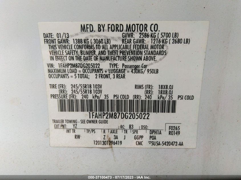 2013 FORD SEDAN POLICE INTERCEPTOR 1FAHP2M87DG205022