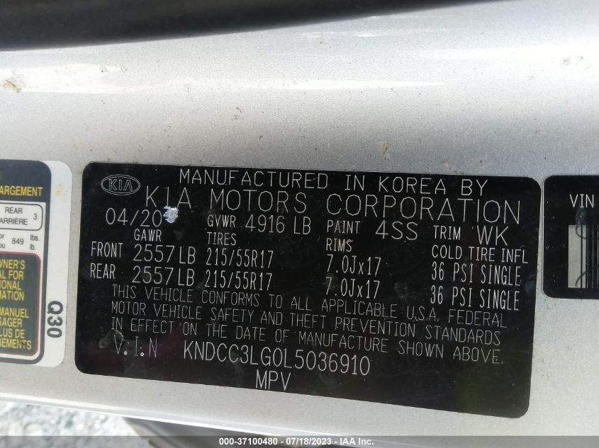 2020 KIA NIRO EV EX KNDCC3LG0L5036910