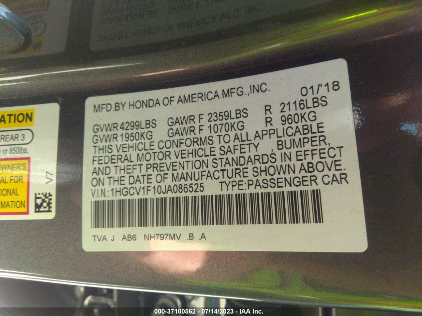 2018 HONDA ACCORD SEDAN LX 1.5T - 1HGCV1F10JA086525