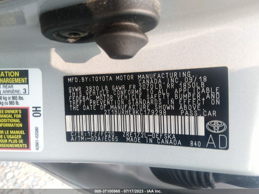 2019 TOYOTA COROLLA SE - 2T1BURHE8KC179298