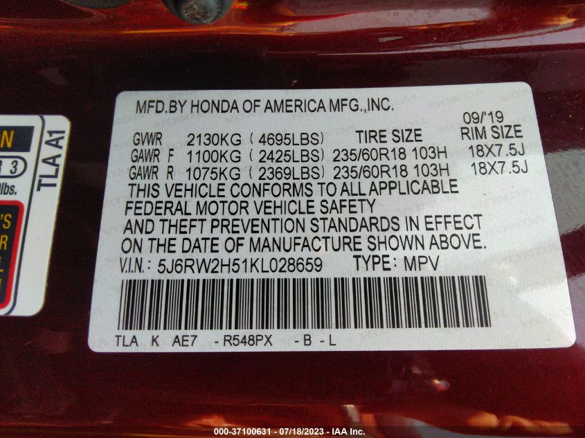2019 HONDA CR-V EX - 5J6RW2H51KL028659