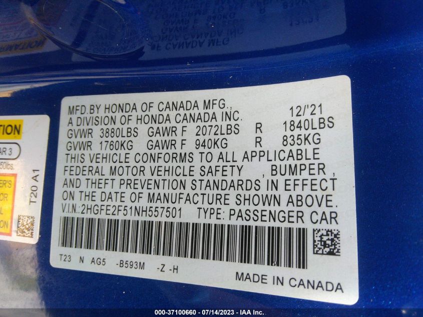 2022 HONDA CIVIC SEDAN SPORT - 2HGFE2F51NH557501